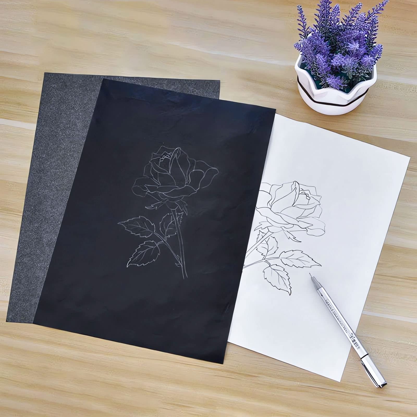 Carta Carbone Nera per Tessuti e Disegno 100 Fogli con 5 Stilo per Goffratura