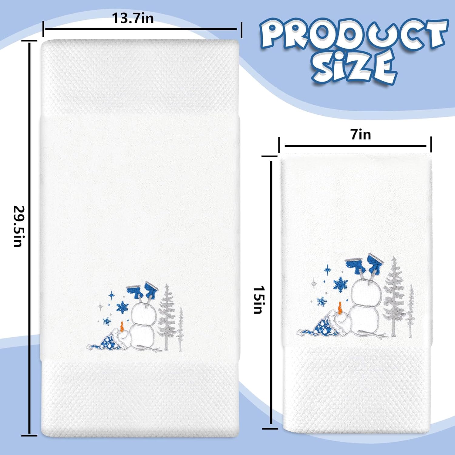 JarThenaAMCS 2Pcs Winter Hand Towels Cotton Dish Towels Christmas Snowman Embroidered Snowflake Bathroom Towels with Blue Ribbon for Drying Cleaning Cooking, 29.5 x 13.7 Inch - Image 2