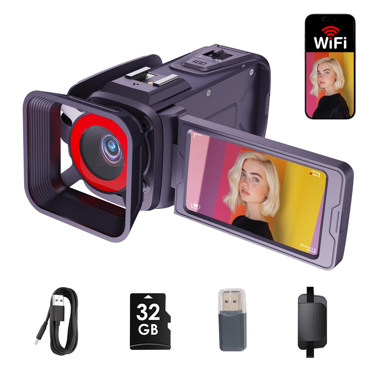 4K Video Camera Camcorder 64MP WiFi for YouTube Vlogging, 18X Digital Zoom 3" 270° Flip Screen, with 32GB SD Card & Card Reader, Built-in 2500mAh Battery (Purple)-picture-29