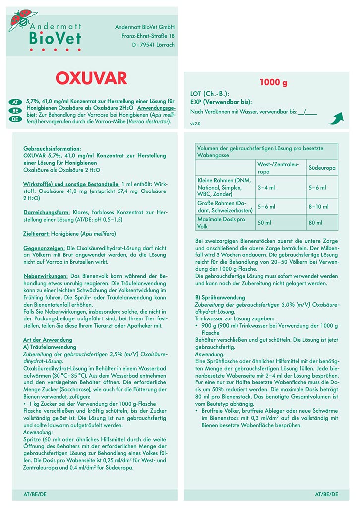 OXUVAR® 5.7% - 275 g Set mit 50ml Dosierspritze - Oxalsäure zur Varroa Behandlung, Varroamilbe Sommer und/oder als Winterbehandlung 3,0% Oxalsäure- Dihydrat OXUVAR® 5.7% - 275 g Set mit 50ml Dosierspritze - Oxalsäure zur Varroa Behandlung, Varroamilbe Sommer und/oder als Winterbehandlung 3,0% Oxalsäure- Dihydrat