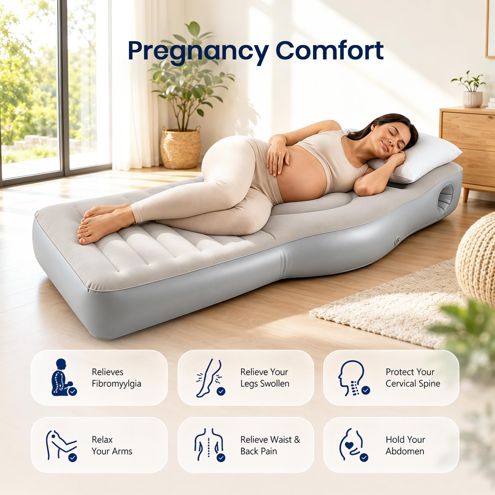 Cojín hinchable de embarazo con abertura abdominal, colchón de aire de PVC flocado para embarazadas para tumbarse sobre el estómago, con bomba y bandeja de agua extraíble, ideal para embarazadas y