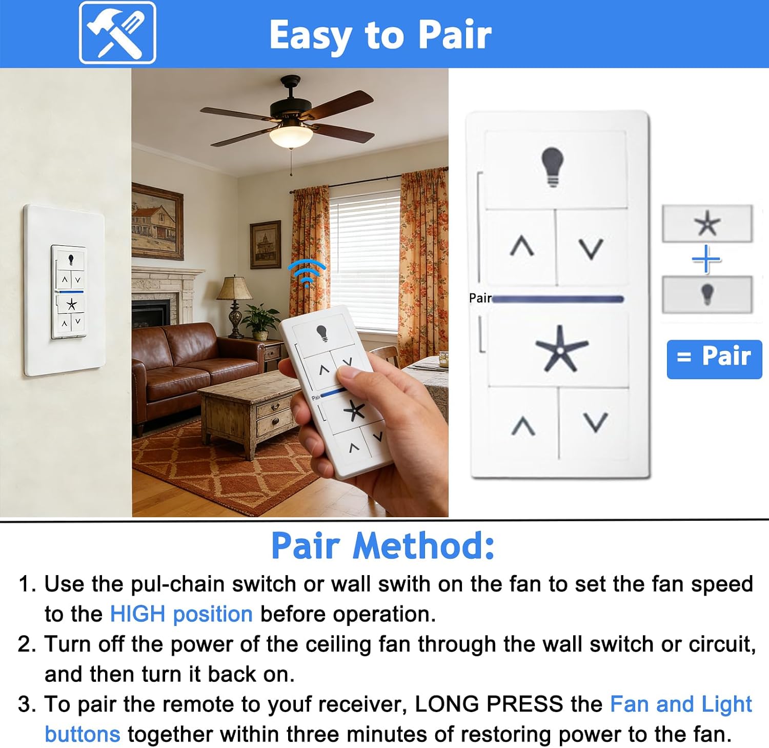 Universal Ceiling Fan Wall Control with Receiver Kit Replacement for Hunter, Casablanca, Hampton Bay, Harbor Breeze, 4- Speeds & Full Range Light Dimmer, with Magnetic Detachable Handheld Remote