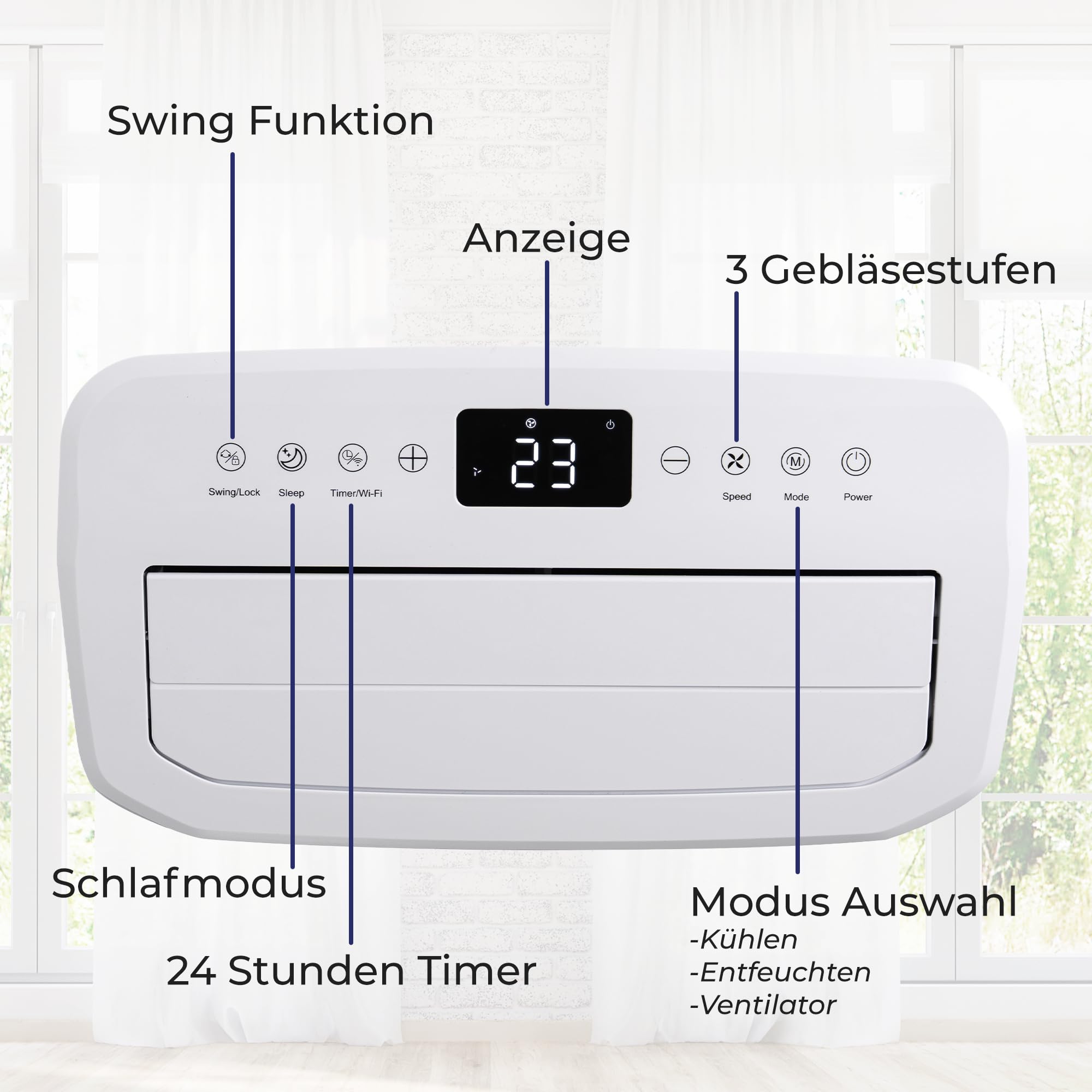 KLAMER Mobile Klimaanlage 12000 BTU, bis 43m², 3-in-1, Abluftschlauch | Kühlung, Ventilation & Luftentfeuchtung, 3 Gebläsestufen, 24h Timer, Nachtmodus, Fernbedienung, R290 Kältemittel