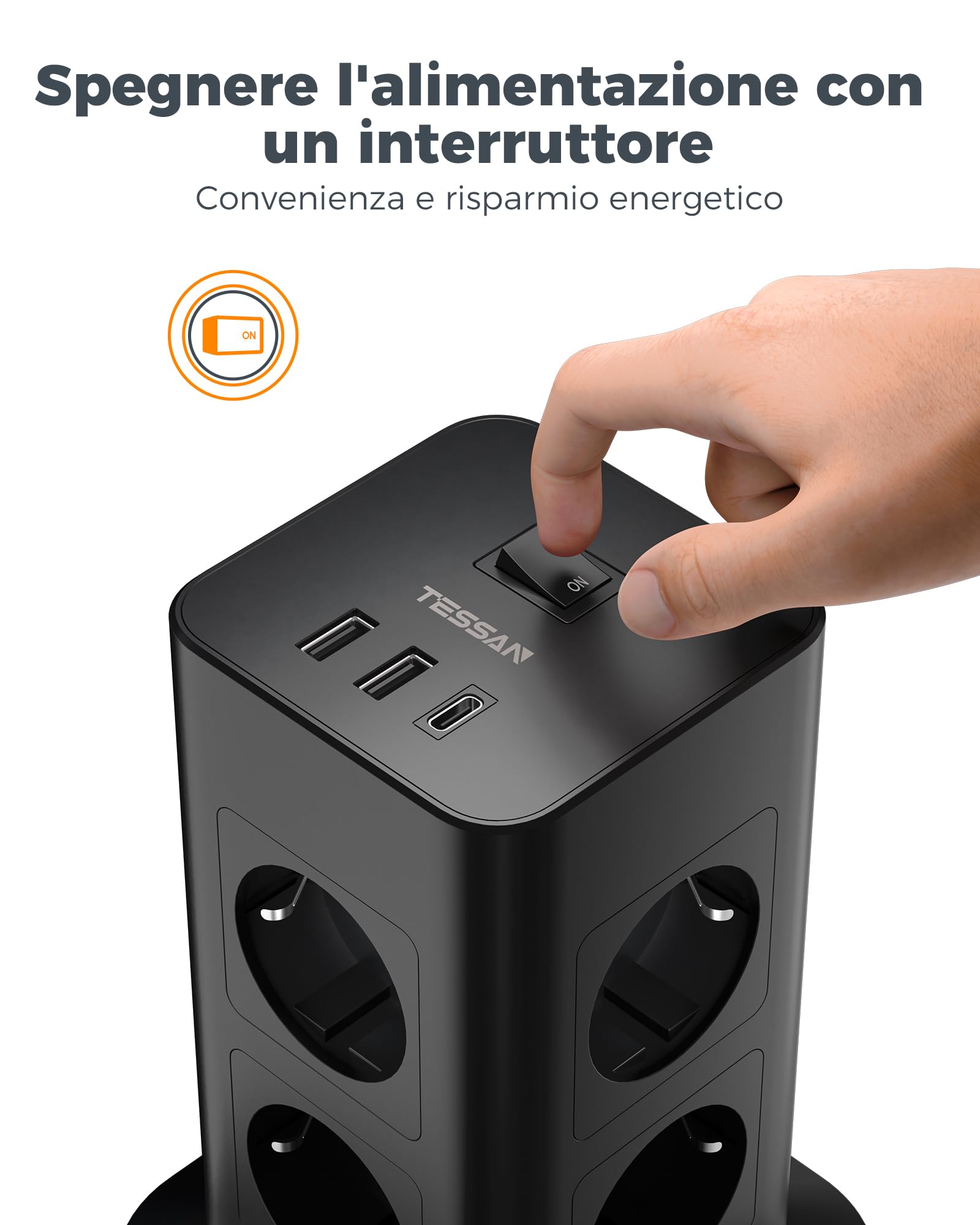 TESSAN 8 Prese Ciabatta Multipresa con USB, Multipresa Elettrica con Prolunga Elettrica 10 Metri, Presa Verticale Protezione Sovratensione, 3600W Ciabatta con Interruttore, Nera