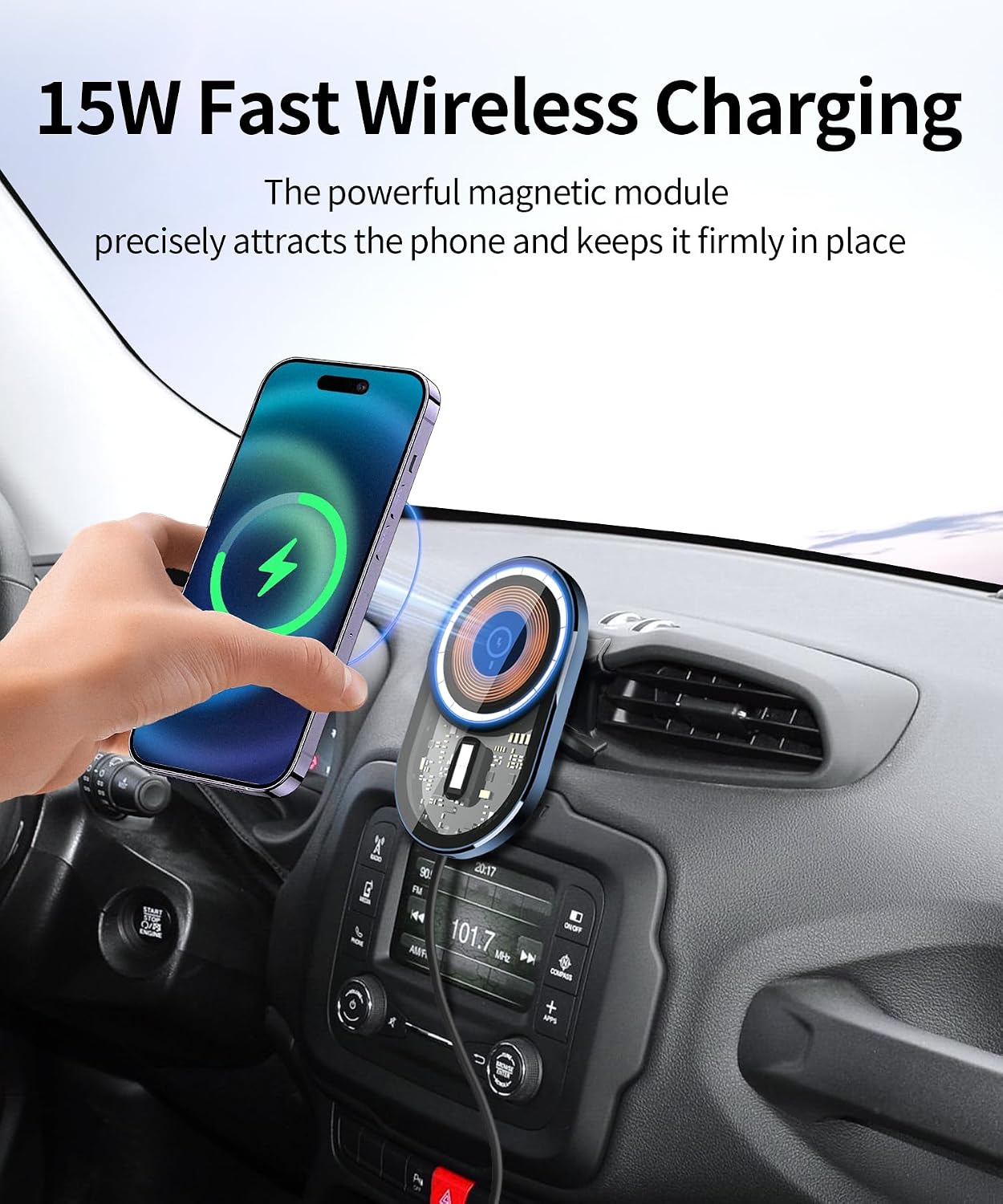 Wireless Charging Car Phone Holder for Jeep Renegade 2015-2023 Auto Accessories Navigation Bracket Interior Decoration, 360° Rotation Car Phone Mount Compatible with MagSafe
