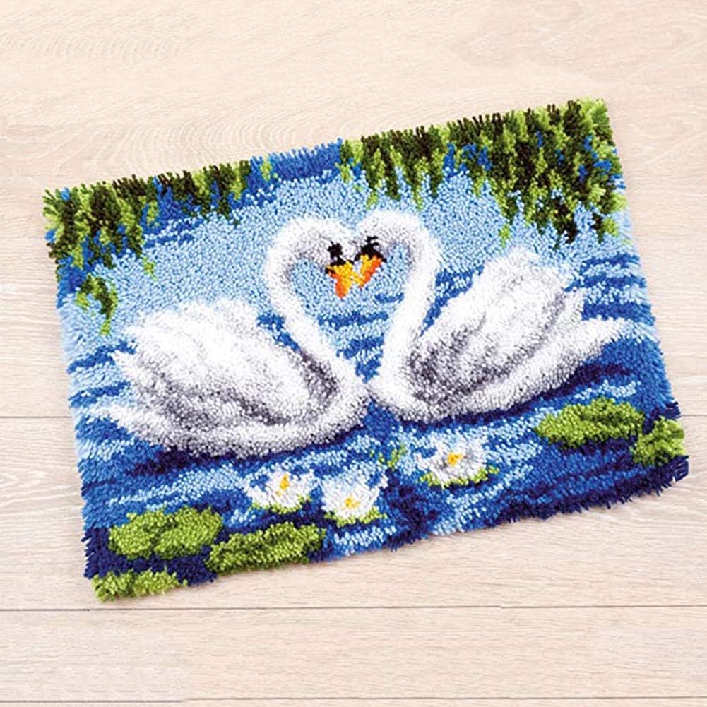 PakyKai Latch Hook Rug Kits DIY Needlework Unfinished Crocheting Rug Yarn Cushion Mat Swan Lovers Embroidery Carpet Rug Home Decor