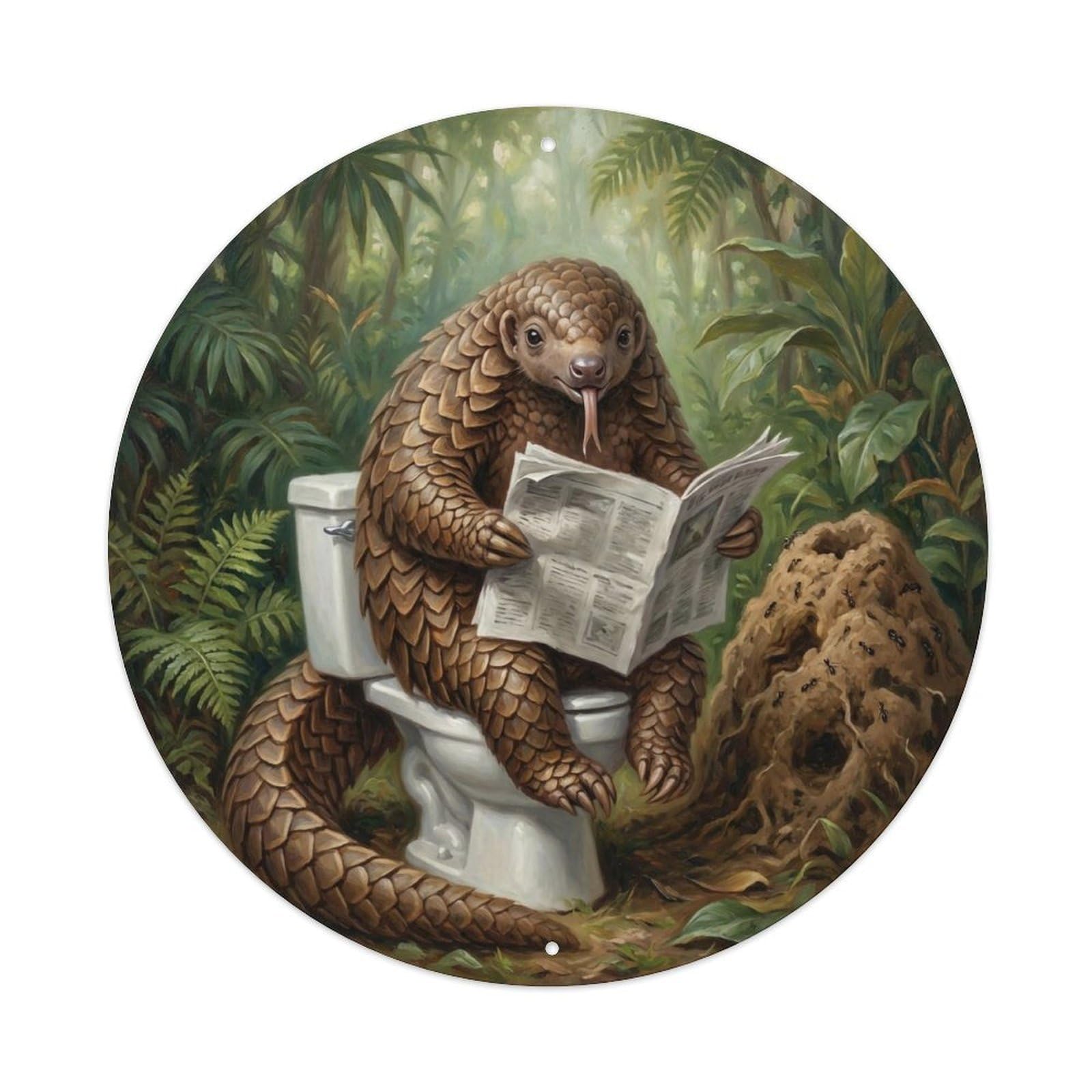 Pangolin On Toilet Humorous Bathroom Forest Ant Nest Reads Metal Tin Sign