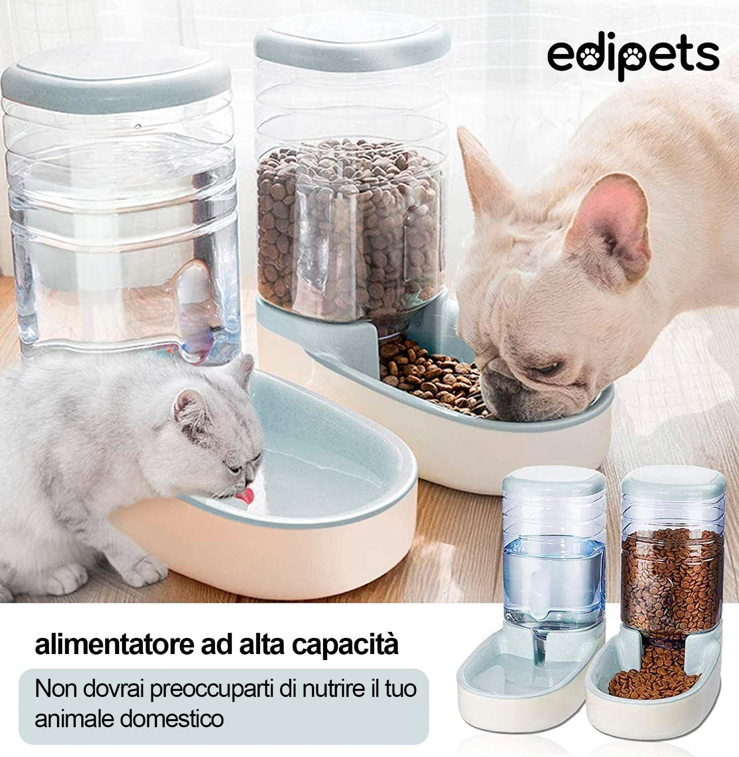 Edipets, Dispenser Cibo Gatti, Cani, Automatico, 2 Unità, 3.8L, Dispenser di Crocchette e Acqua per Animali Domestici (Grigio)