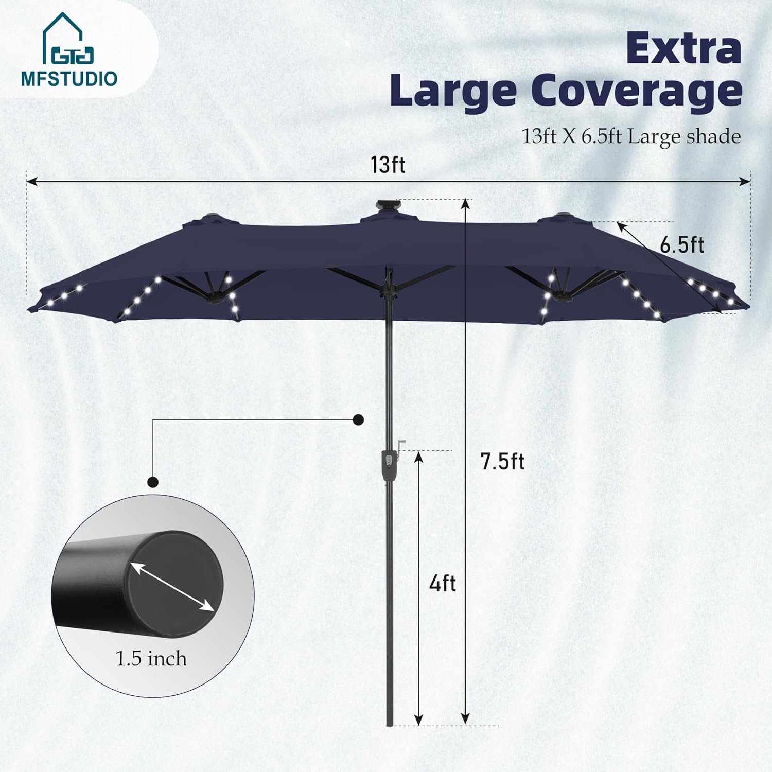MFSTUDIO 13FT Patio Umbrella with Solar Lights, Double-Sided Outdoor Table Rectangular Umbrellas with120 LED Lights, Hand Crank for Lawn Backyard Pool, Navy Blue