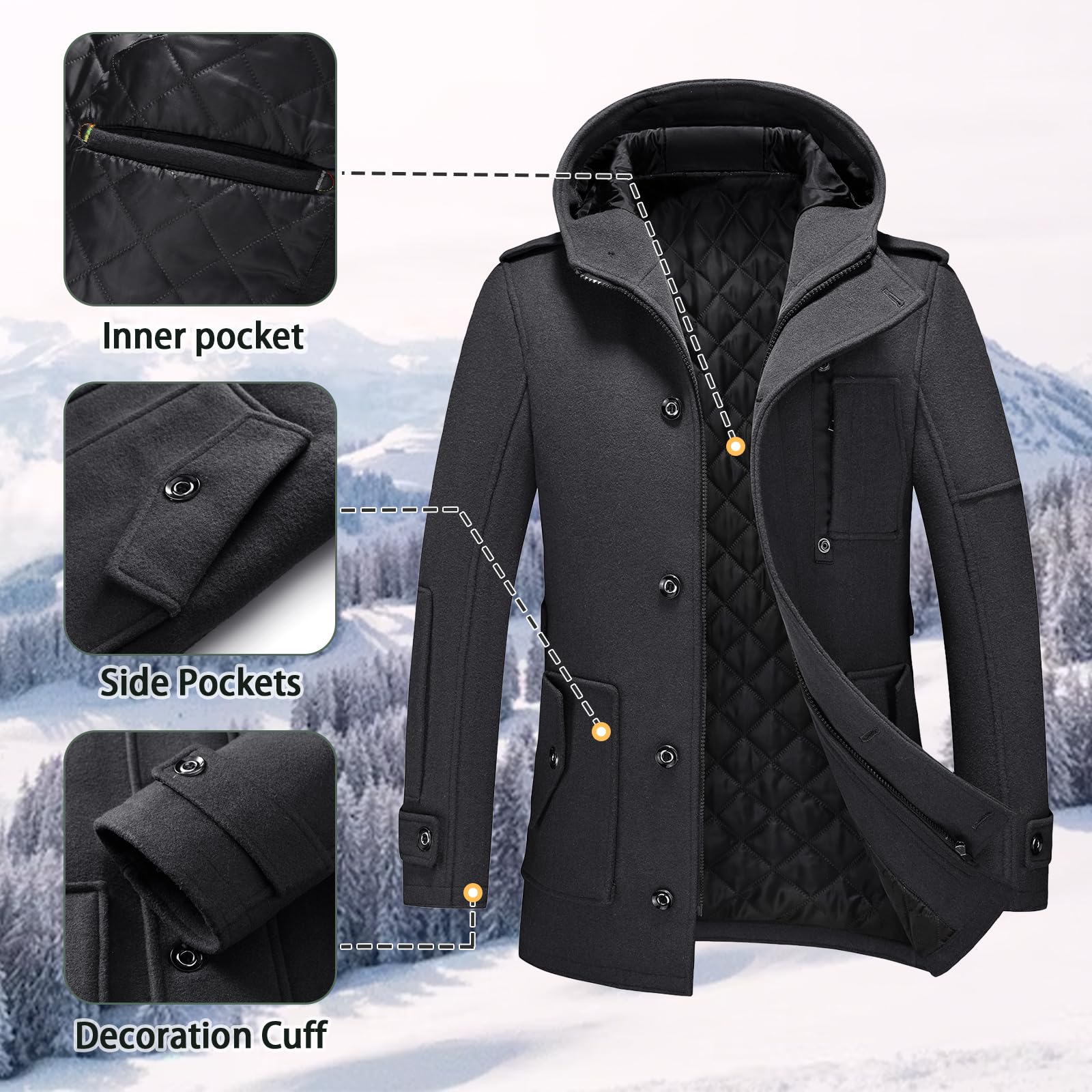 KUDORO Manteau Homme Mi-Long en Laine Chaud avec Capuche pour Hiver Trench Coat Classique Parka Pardessus Caban Slim Fit Coup-Vent Overcoat