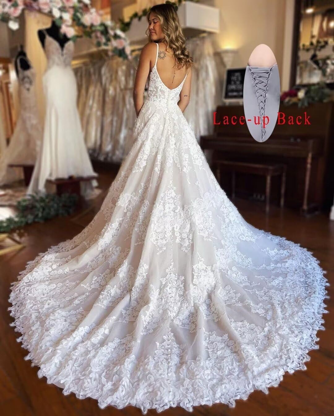 Women's Lace Appliques Wedding Dresses for Bride 2024 Spaghetti Straps Wedding Bridal Gowns with Slit LSW104
