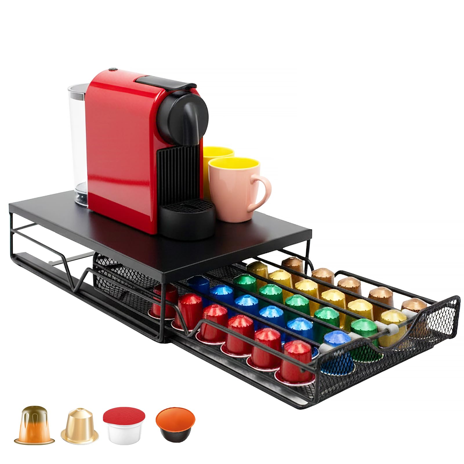 Organizador para cápsulas de café, ajustable, organizador con cajón dispensador de cápsulas, apto para cocinas, oficinas y viviendas de alquiler, negro