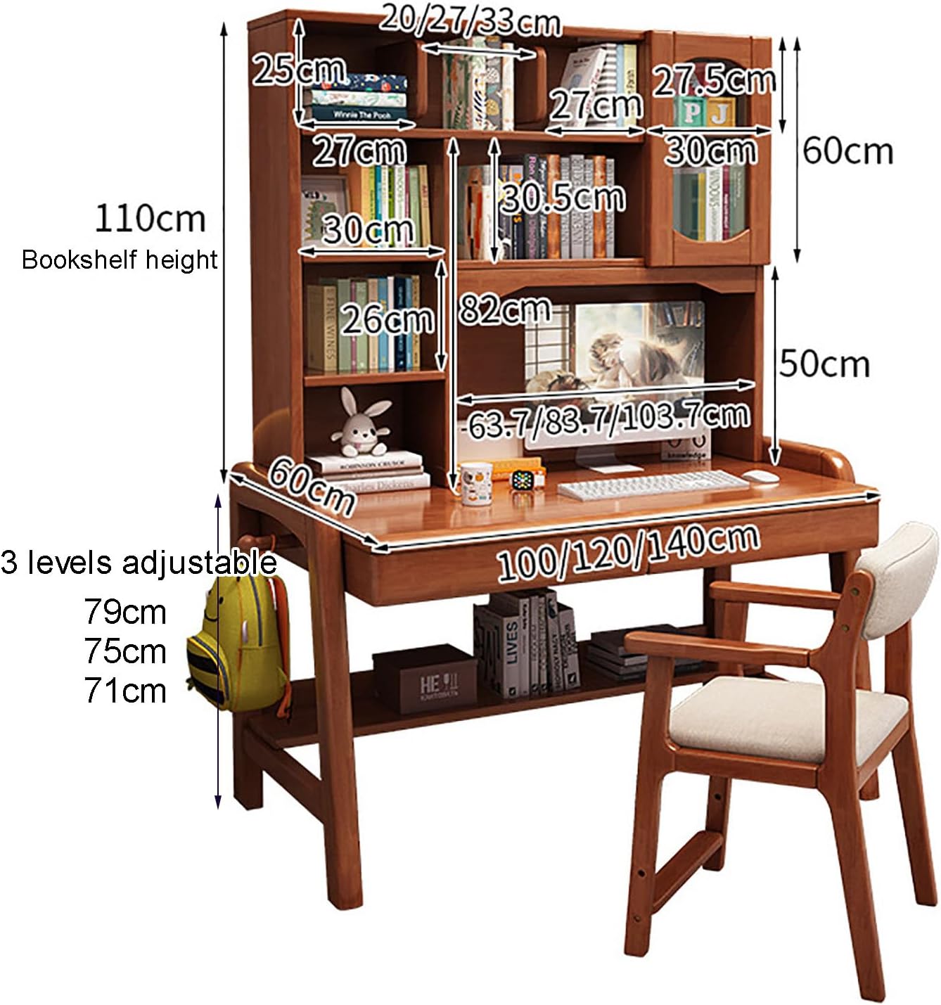 SAZDFY Solid Wood Chi-*ld*ren Study Desk,Height Adjustable Writing Desk with Hutch and Storage Drawer,Student's Desk K*ids Computer Workstation for Home School Use(100x60x189cm(39x24x74in), White)