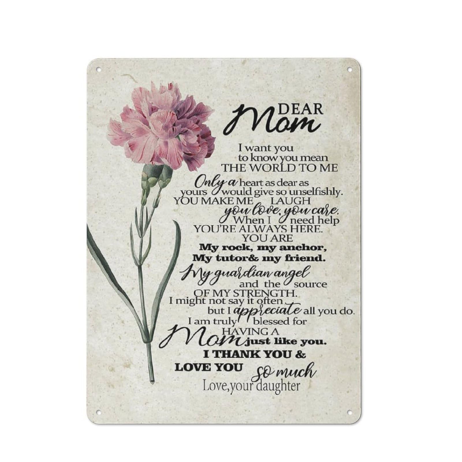 Rustic Metal Tin Sign, Carnation Poem Mom Gift Wall Art, Touching Printed Poster, Heartfelt Daughter Gift and Living Room Home Ornament, 12x8 Inch