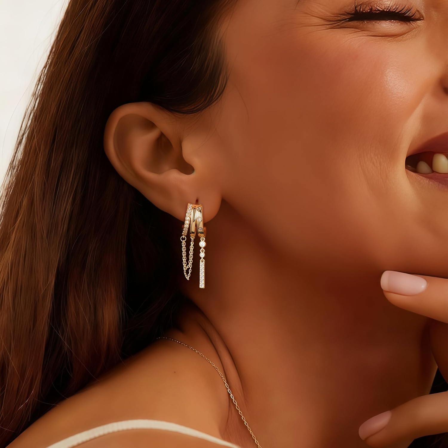 Dangle Earrings for Women,14K Gold Plated 925 Sterling Silver Posts Drop Dangle Chain Earrings Dainty Gold Triple Huggie Hoop Earring Hypoallergenic Trendy Statement Earring Fashion Jewelry - Image 6