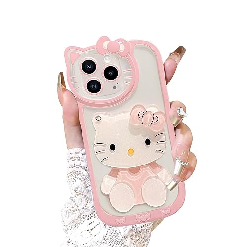 XXYUIKEZI for iPhone 13 Pro Max Kawaii Cartoon Cute Pink Phone Case,Built-in Makeup Mirror for Women Girls, Soft Transparent Protective Pink Phone Case