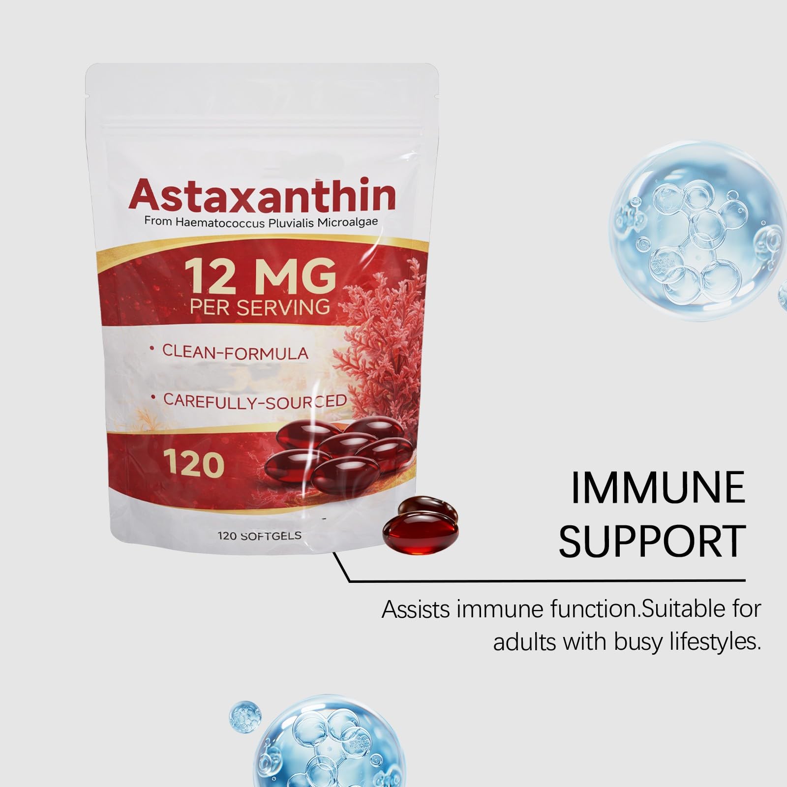 Astaxanthine 12mg| Source de microalgues fraîches | avec huile MCT | Soutiens immunitaires et cutanés | Sans OGM, sans gluten (120 unités),2Pcs