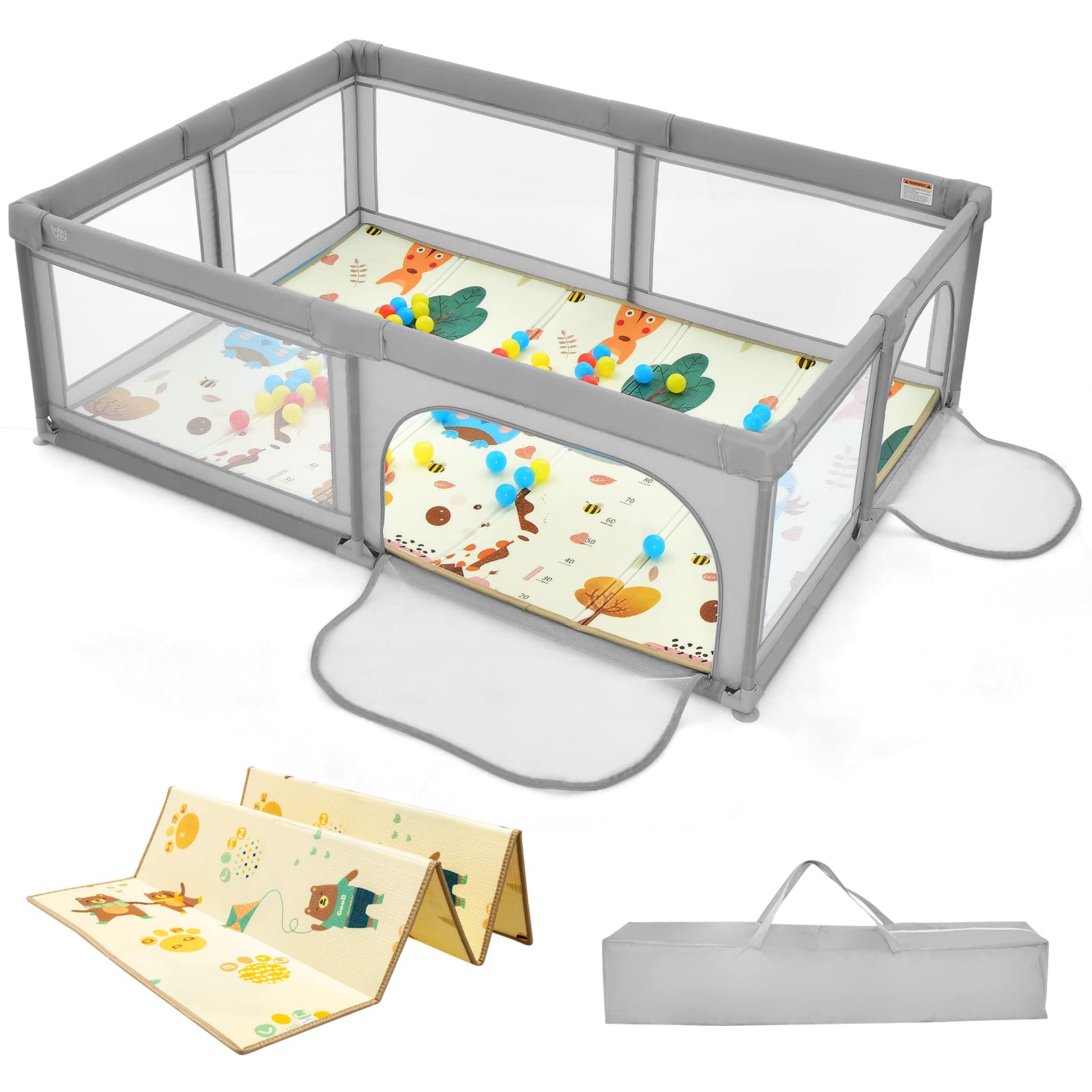 COSTWAY Baby Playpen for Babies and Toddlers, 200 x 140cm Safety Play Yard with Mat, Zipper Door, Breathable Mesh, Indoor Infants Activity Center Including 50 Ocean Balls Light Grey