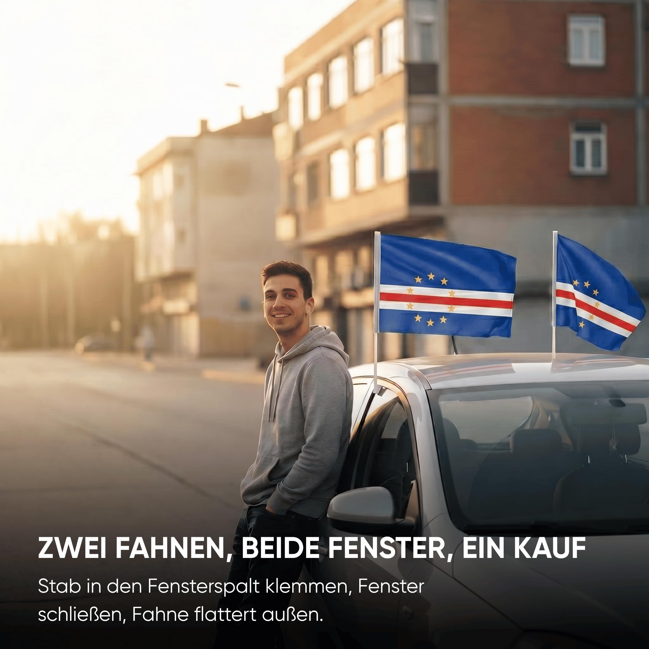 2er Set Auto Fahne Kap Verde - Autofahnen Kapverdische Flagge 30 x 45 cm, Fußball Fanartikel, WM & EM, Länderflagge Kap Verde