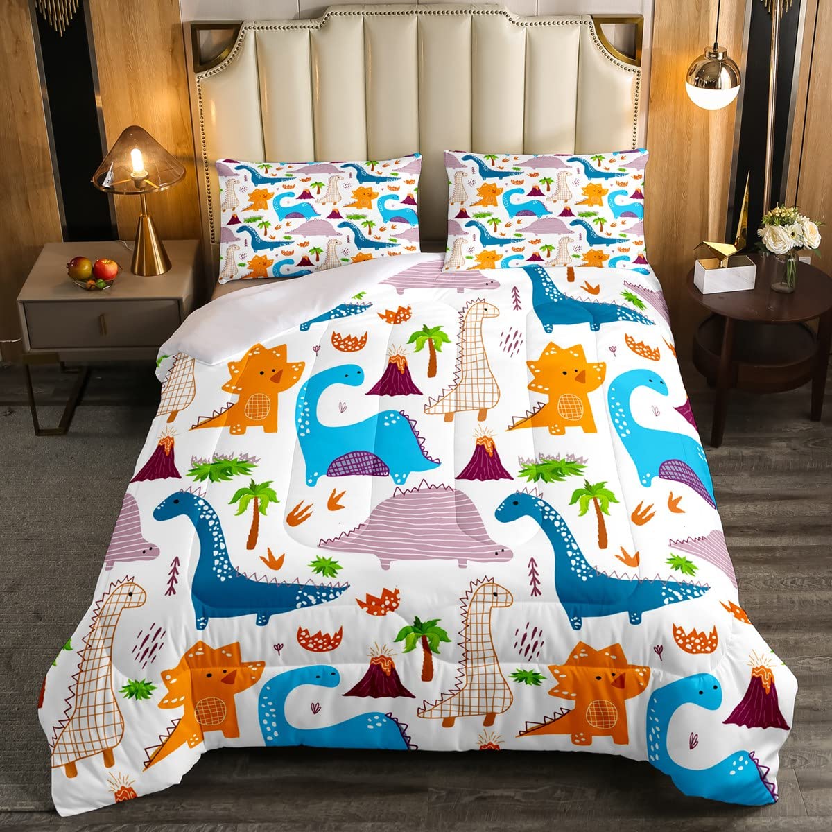 Loussiesd Kids Dinosaur Bedding Set for Girls Boys Toddler Cute Cartoon Dino for All Season Colorful Jungle Animals Wildlife Duvet Insert Double Size 3Pcs
