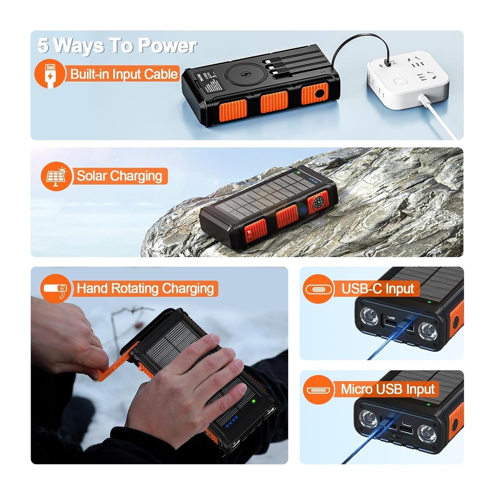 20000mAh Solar Power Bank senza fili con manovelle e 4 cavi, caricabatterie solare USB-C a carica rapida 7 uscite 4 entrate telefoniche, batteria esterna impermeabile per campeggi ed esterni