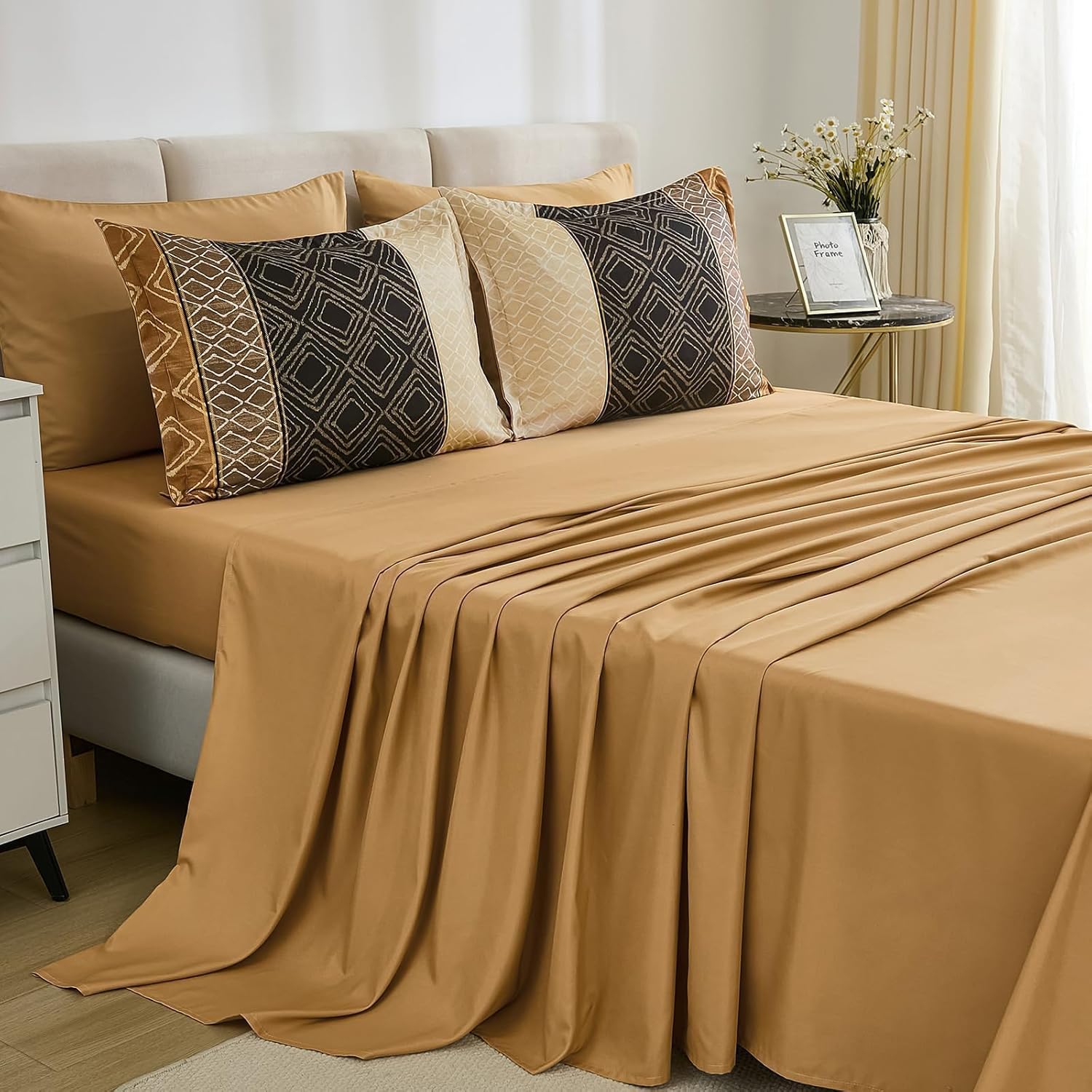 Dinjoy Brown King Size Comforter Set,Striped Bed in a Bag King 7 Pieces Soft Boho Bedding Comforters Sets Microfiber Bed Complete Set with Sheets for Fall Winter - Image 5