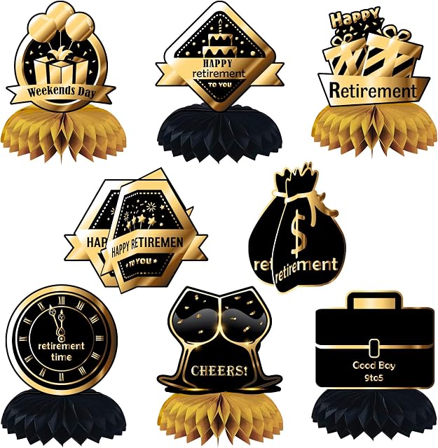 Retirement Party Table Decorations, 8PCS Black Gold Retirement Honeycomb Centerpieces Decorations Retirement Honeycomb Table Toppers for Happy Officially Retired Party Decoration Party Supplies