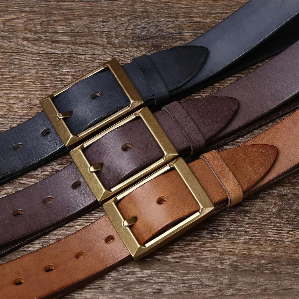 Men's Belt - 3.9 cm Thick Top-Grain Leather with Copper Buckle, Vintage Cowboy Design