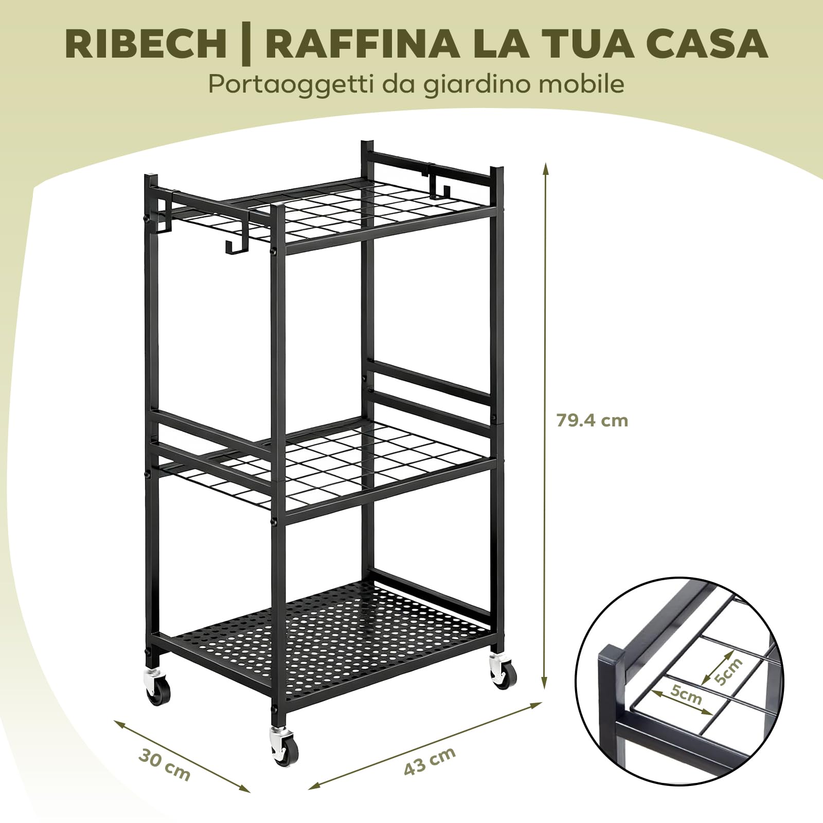 Carrello Organizzatore 3 Ripiani con Ruote – Scaffale Mobile per Attrezzi, Giardino, Cucina & Garage, in Metallo, Nero