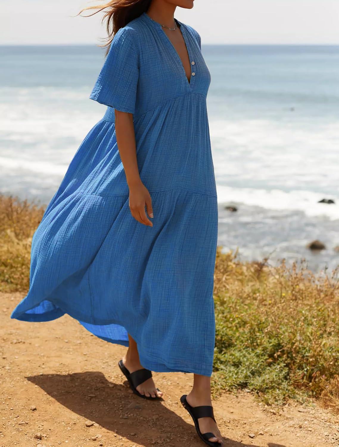 R.Vivimos Womens Summer Cotton Flowy Maxi Dress Short Sleeve V Neck Empire Waist Boho Tiered Ruffle Casual Loose Long Dresses - Image 2