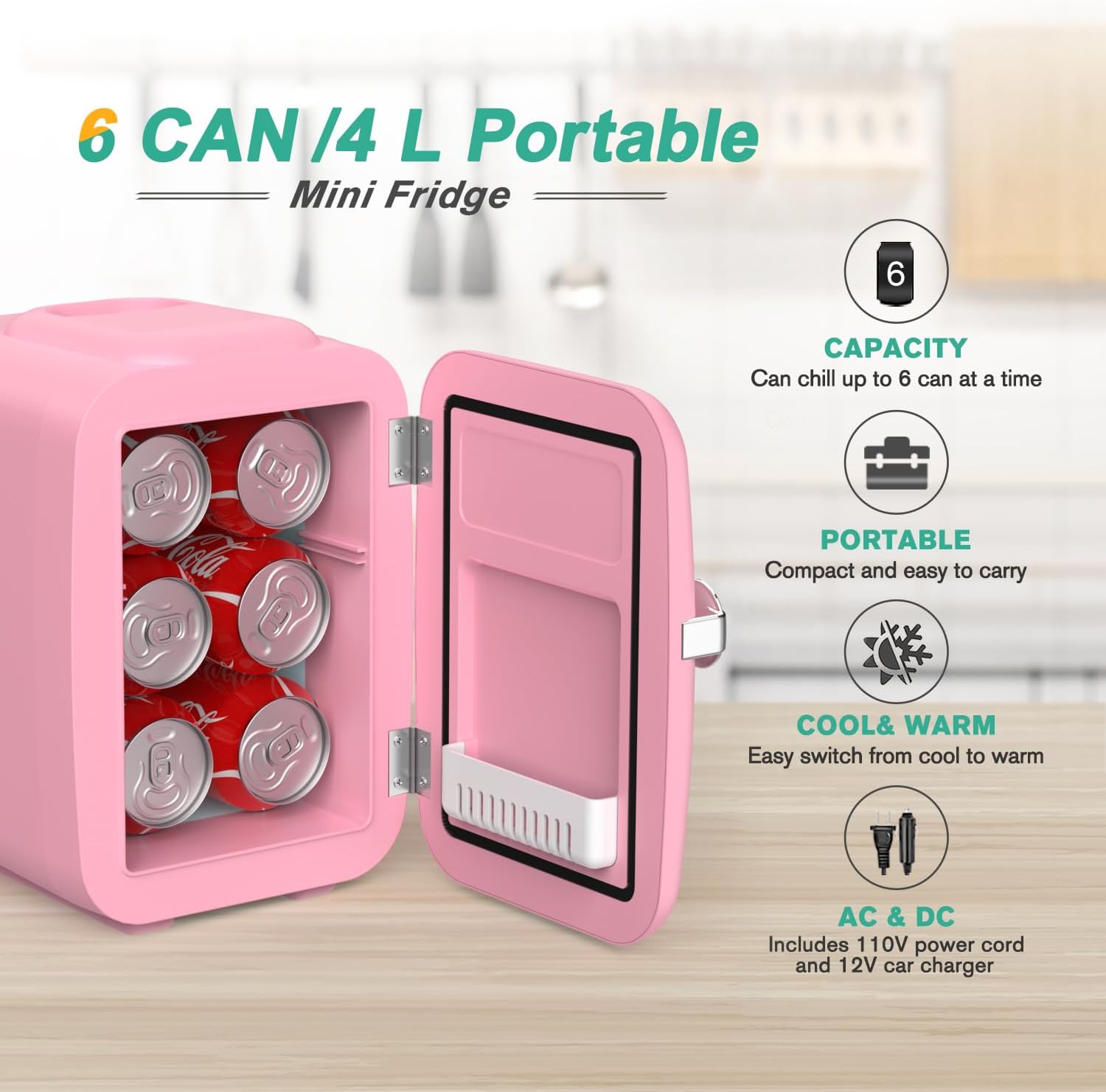 CROWNFUL Mini Fridge, 4 Liter/6 Can Portable Cooler and Warmer Personal Refrigerator for Skin Care, Cosmetics, Beverage, Food,Great for Bedroom, Office, Car, Dorm, ETL Listed (Pink)