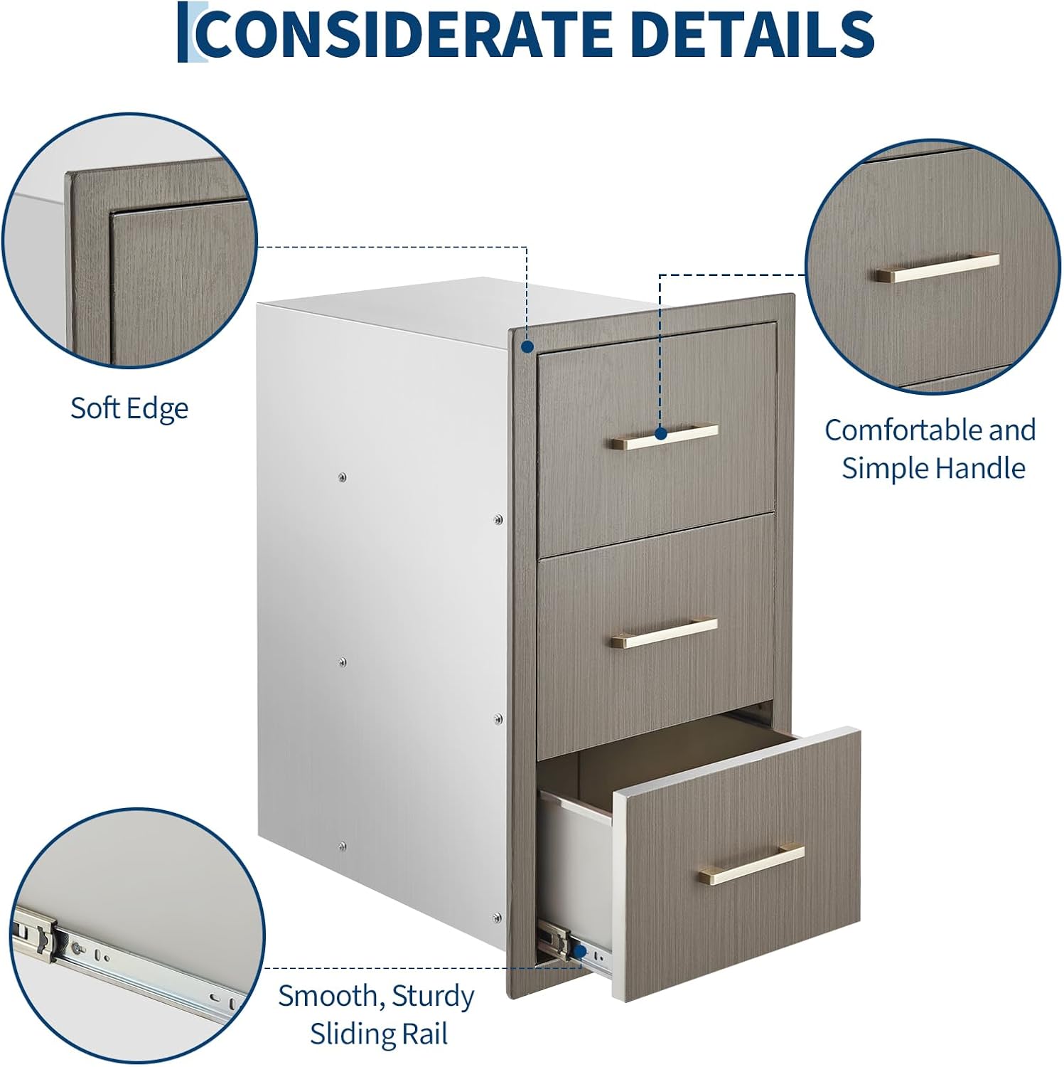 GAOMON Outdoor Kitchen Drawers 16" W x 28.5" H x 20.5" D, Flush Mount Triple Access BBQ Drawers with Stainless Steel Handle for Outdoor Kitchens, BBQ Island, Patio Grill Station