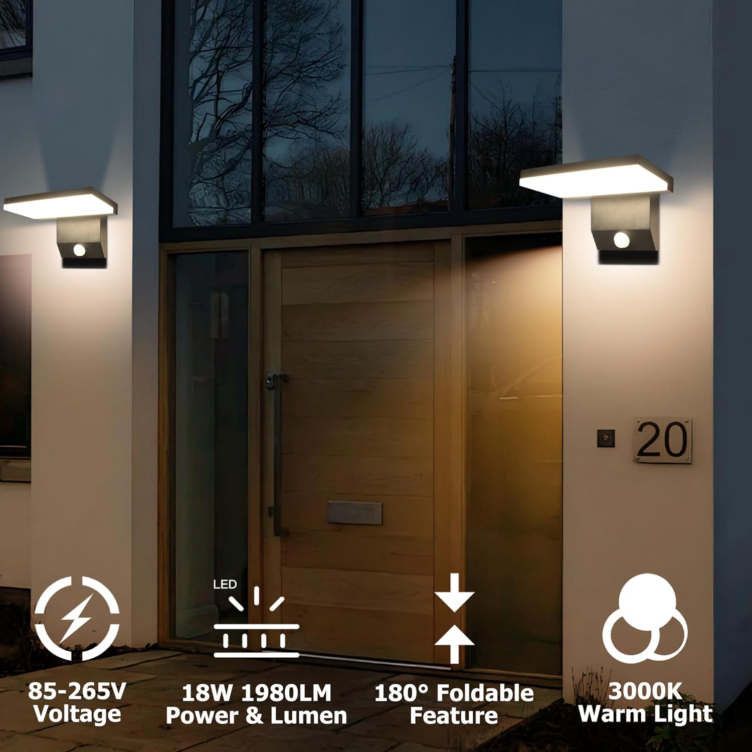 Motion Sensor Outdoor Light, 18W 1980LM Black Motion Outdoor Wall Lights, IP65 Waterproof Sconce Lighting, LED Porch Lights 3000K Foldable Patio Wall Light Fixture for House Garage Square