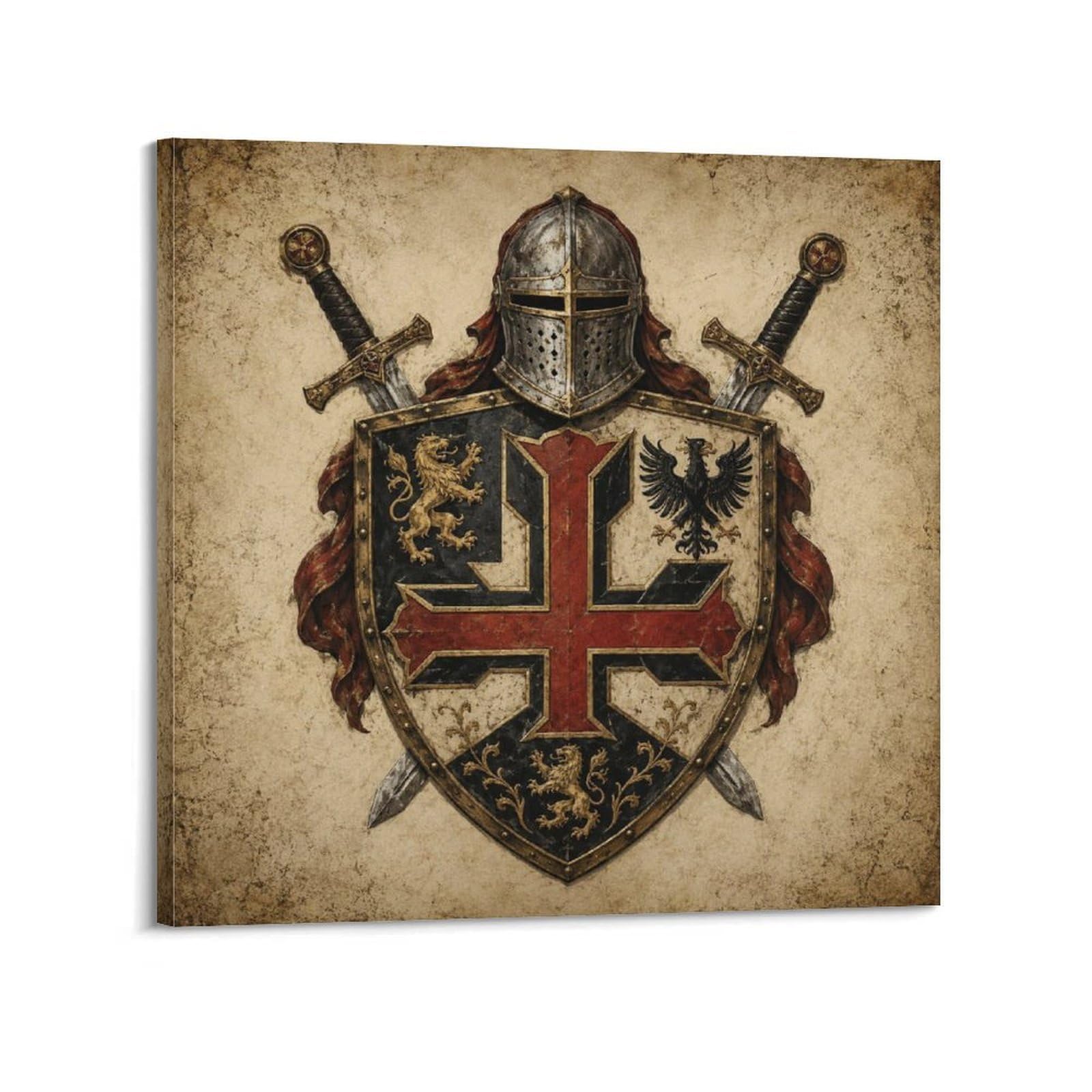 XKUGA Heraldic Shield Templar Gothic Poster Knight Lion Eagle Crest Modern Decorative Canvas Prints - Ideal Wall Art for Family, Man Cave, Game Room, Boys & Girls Bedroom 20x20inch(50x50cm)