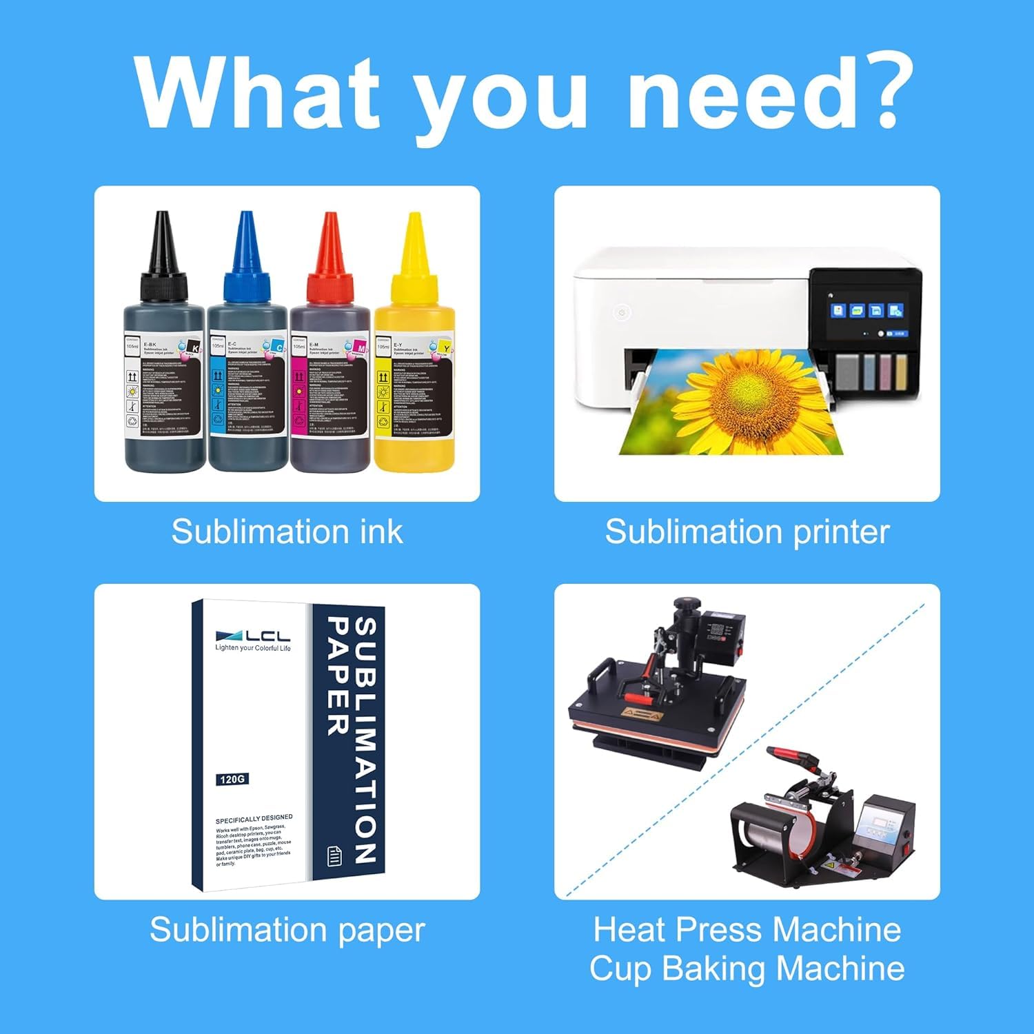 LCL 420ML Recharge d'encre à Sublimation Remplacement pour Epson EcoTank ET2720 ET2760 ET2800 ET2803 ET2850 ET4800 ET15000 ET3760 ET4700 Transfert à Chaud sur Tasses, Tshirts, oreillers