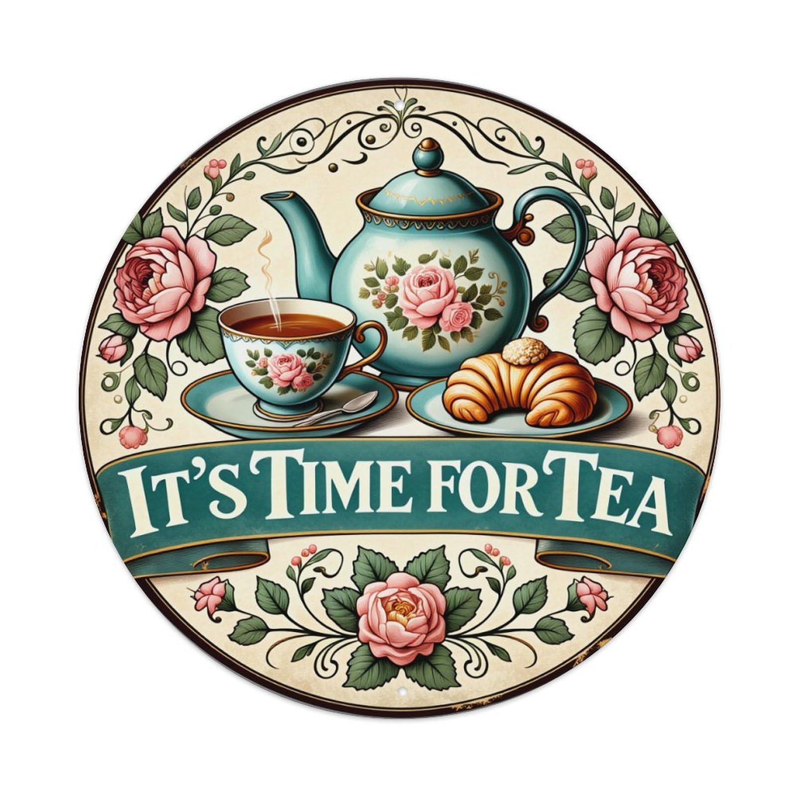 Tea Pot Cup Rose Flower Round Tin Sign Retro Metal Sign for Cafe Bar Pub Home Game Room Gym Club Wall Decoration Vintage Metal Poster 8x8 Inch