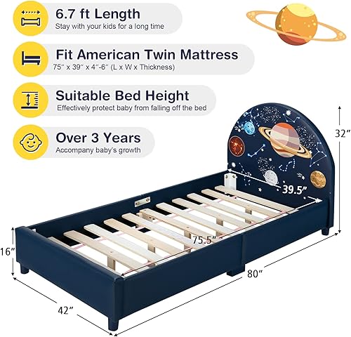Miniatura 105 de HONEY JOY Marco de cama individual para niños, plataforma de cama individual de madera con cabecera y base de listones, no necesita somier, muebles