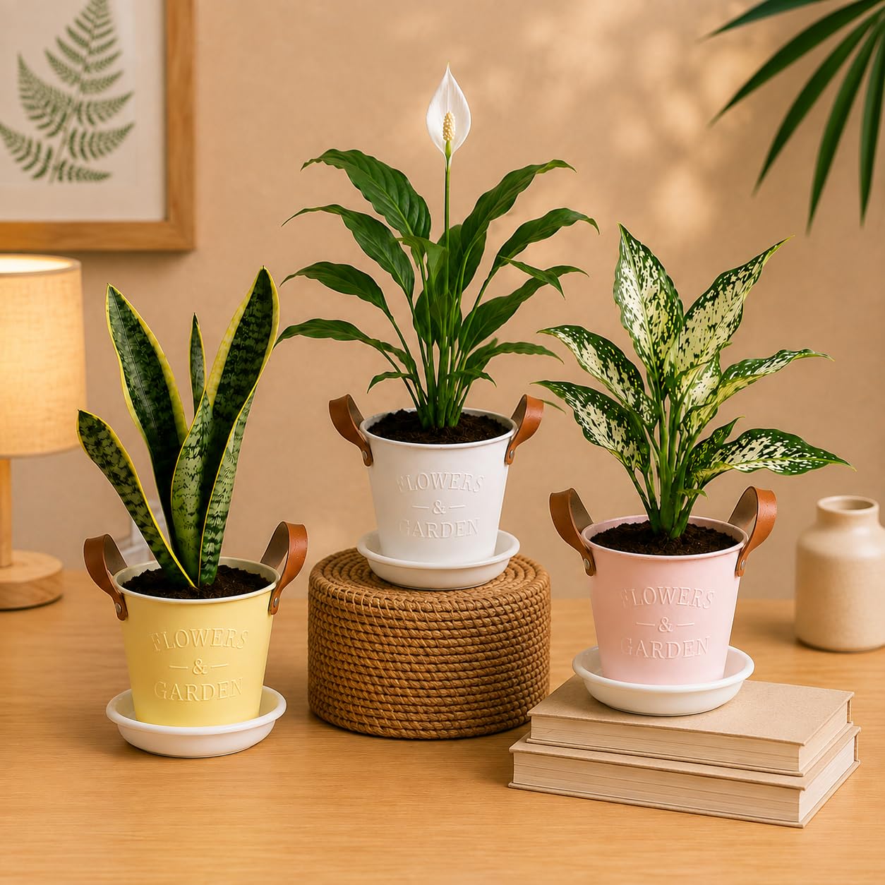 Prithavi Air Purifying Indoor Live Plants Combo of 3 – Peace Lily, Superba Snake Plant & Aglaonema Snow White with Premium 4 Inch Flower Bucket Planter & Drainage Tray | Home Decor & Office Table-picture-12