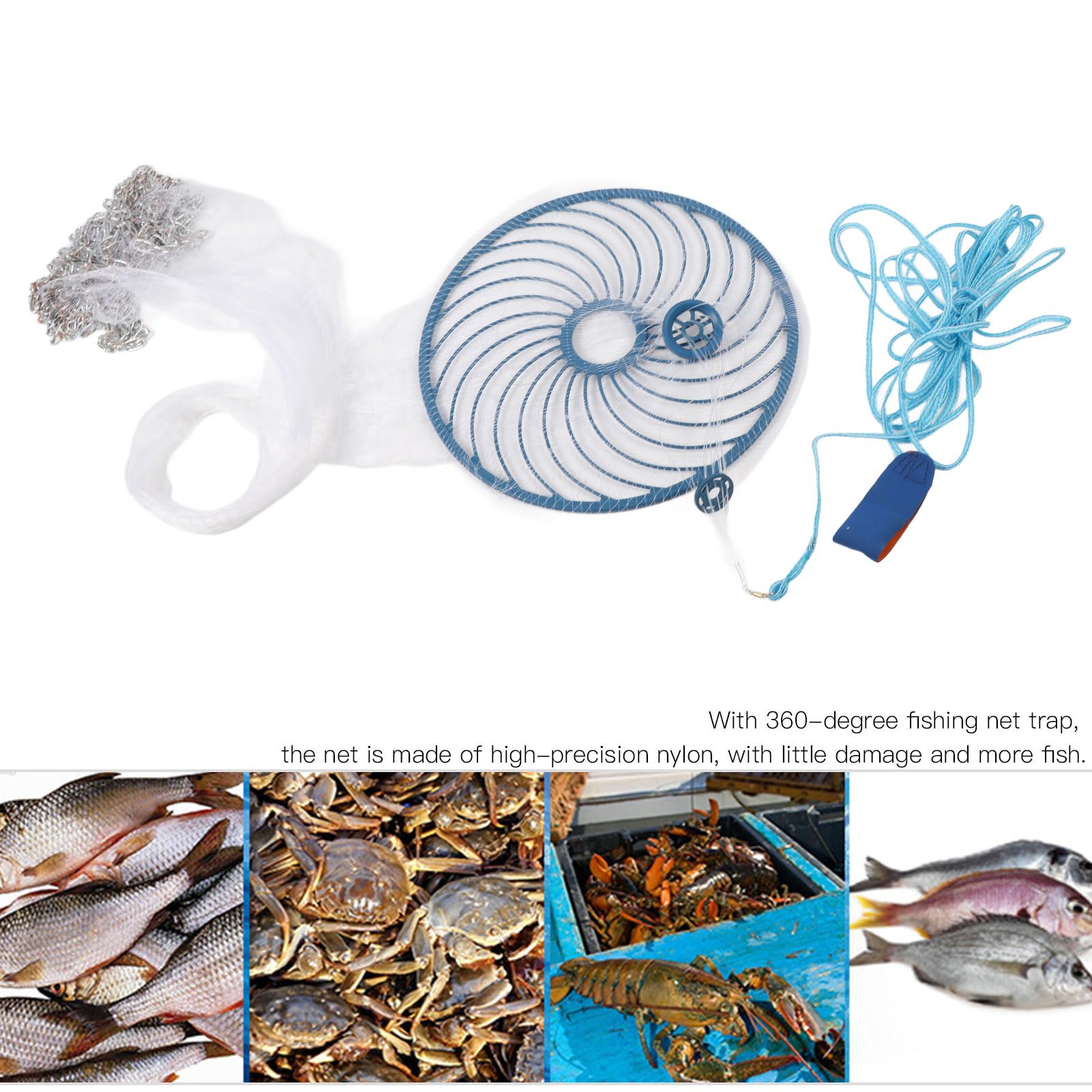 Rete da pesca lanciata a mano da 360 cm Rete da spargimento in nylon resistente per gamberetti, granchi, aragoste, cattura in acqua salata, accessori per la pesca d'acqua d