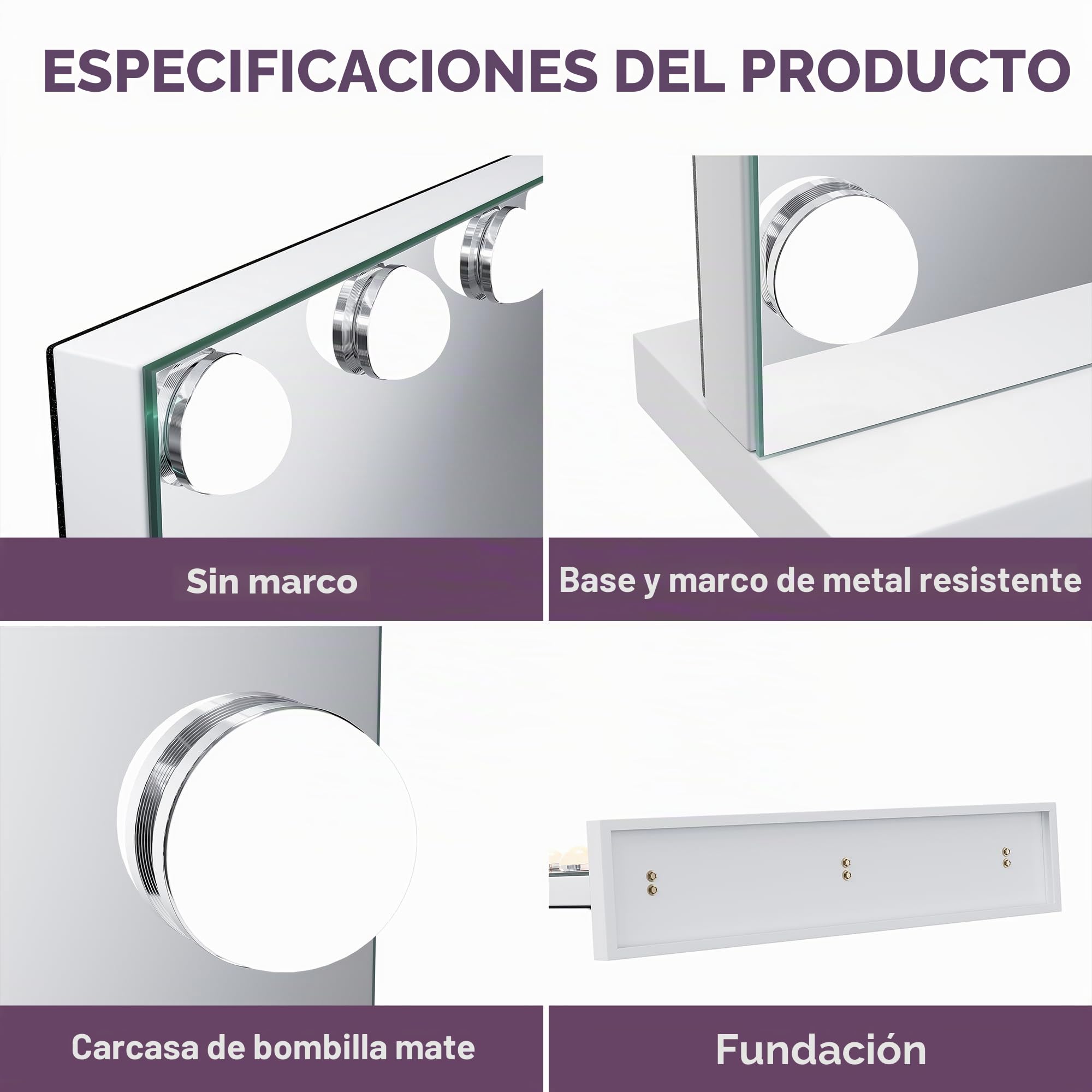 SONNI Hollywood - Espejo de maquillaje con luz (58 x 46 cm) | 3 colores de luz, regulable, función táctil y memoria, 15 bombillas LED. Ideal para maquillaje diario y como regalo