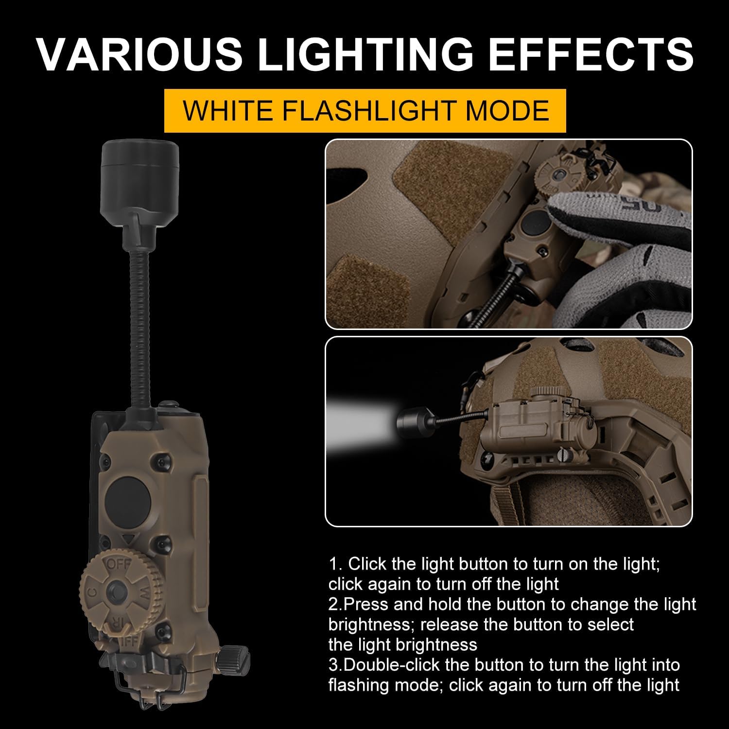 Tactical Helmet Light Signa Recognition Multi-Function IR + Red/Green/Blue +White LED Task Lamp with Fast ARC Rail Mount(Tan)