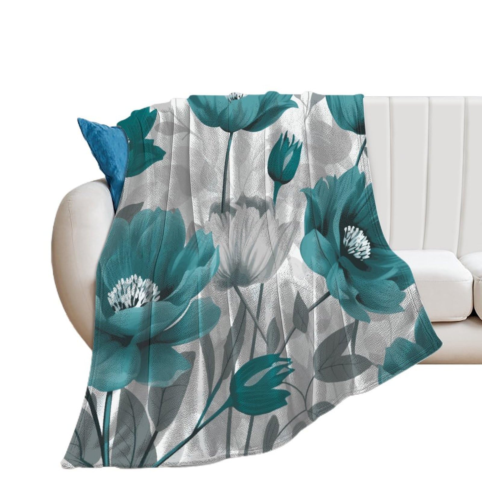 Couverture lit flanelle canapé microfibre légère motif floral bleu et blanc