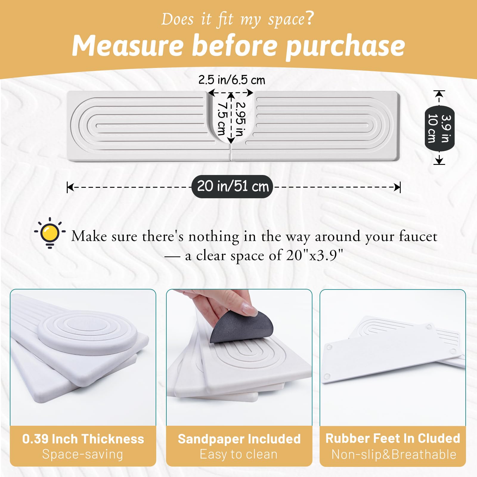 U Shape Sink Draining Mat Behind Faucet, Super Absorbent Diatomite Fast Drying Stone, Quick Drying Splash Guard, Prevents Moisture Buildup, Around Faucet Drip Mat for Kitchen Bathroom Counter, White — Amazon image 2