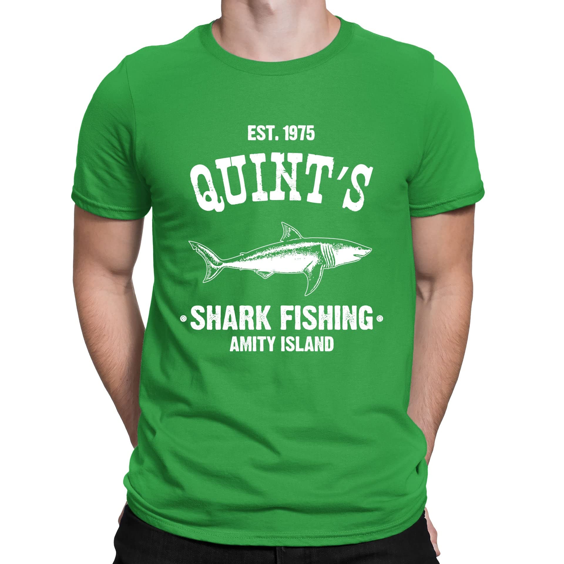 Mens Quints Fishing Shark Jaws Inspired Amity Cult Movie T-Shirt Green (XL)