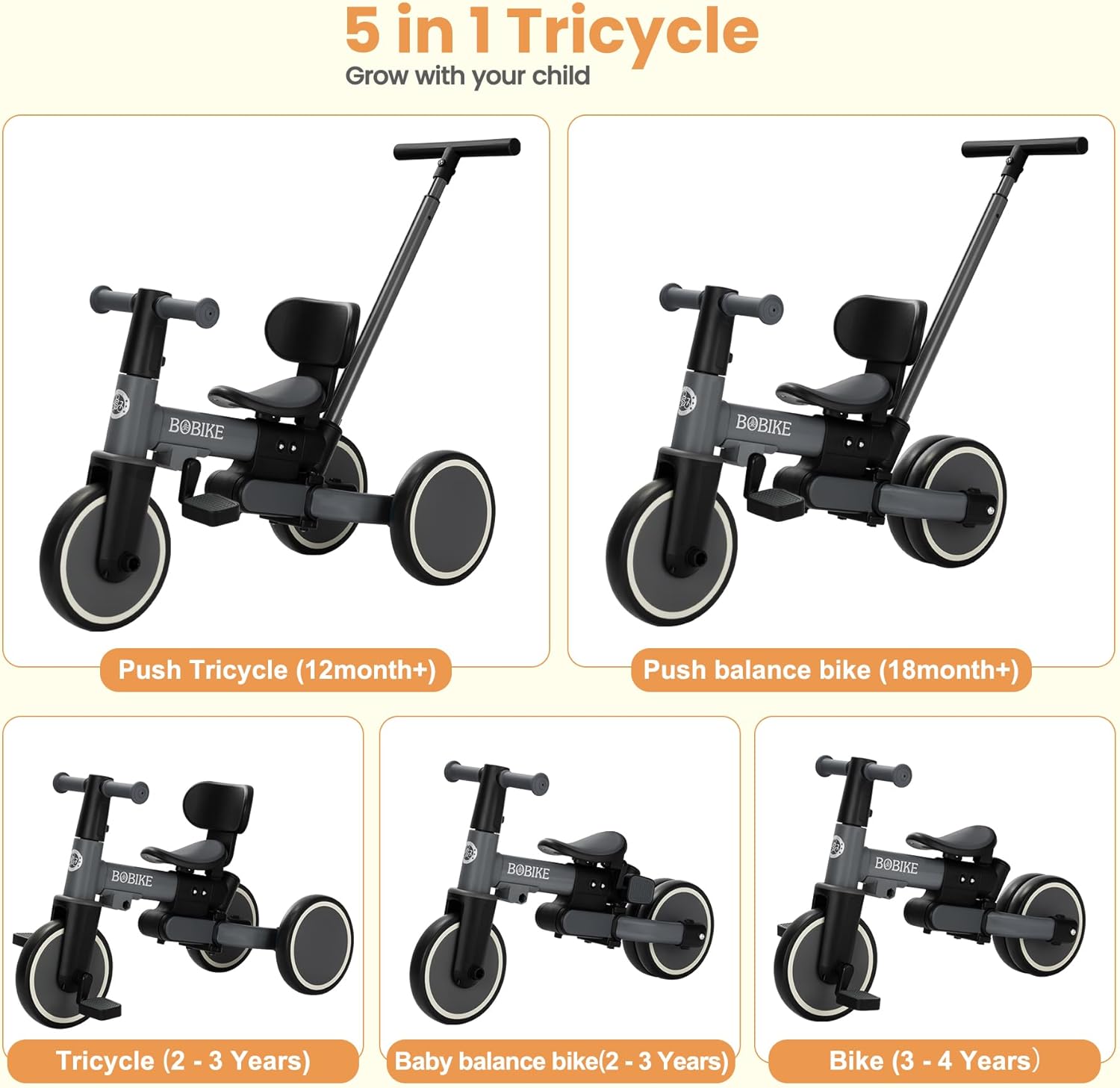 Toddler Bike with Push Handle,Tricycles for 1 to 3 Years Old, Toddler Tricycle with Push Handle for Boy Girl, Baby Balance Bike with Adjustable Seat Height and Removable Pedal (Black)