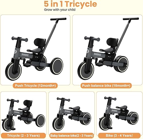 Miniatura 2 de Bobike Triciclo 5 en 1 para niños pequeños de 18 meses a 5 años, triciclo para niños con mango de empuje y respaldo, bicicleta de equilibrio para