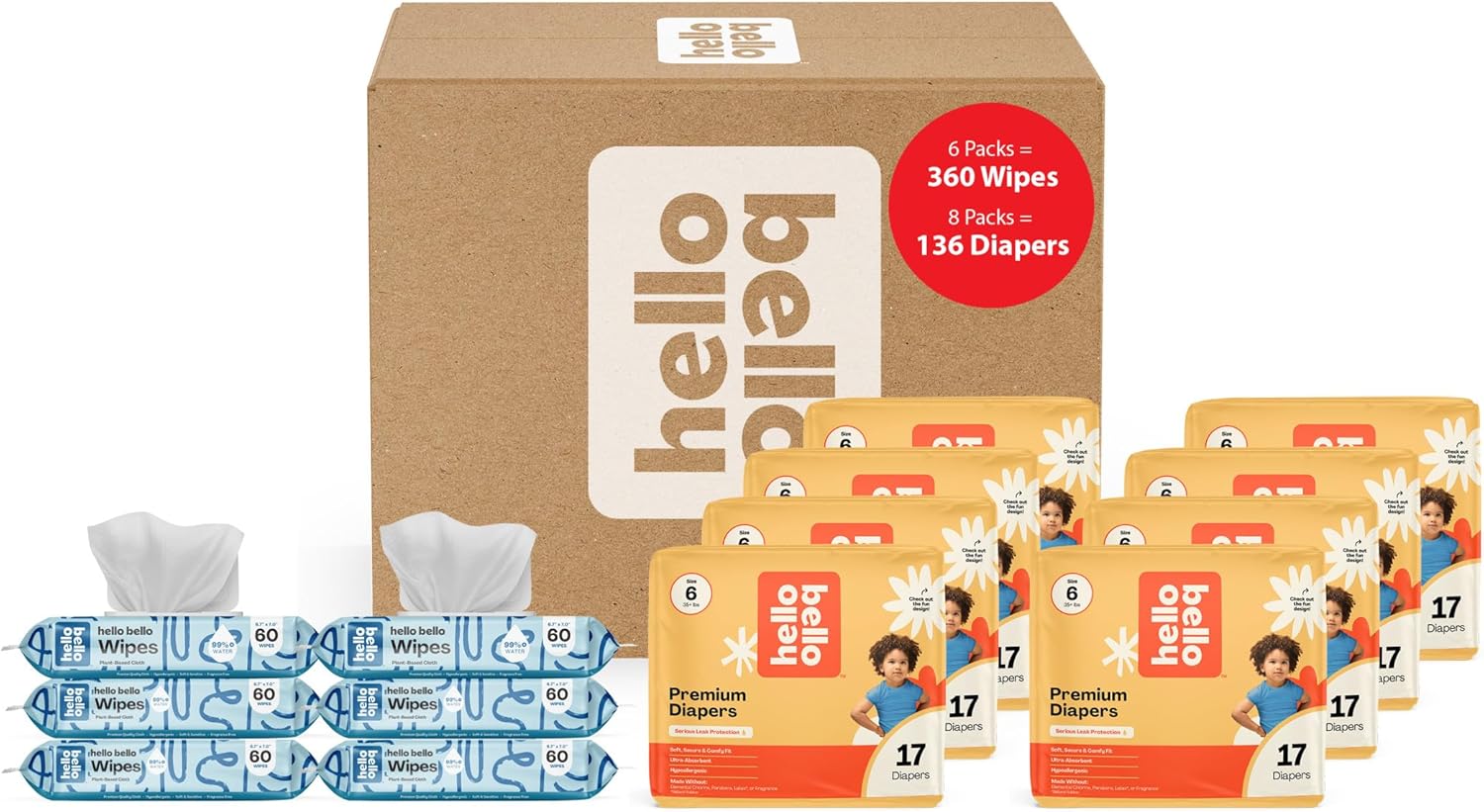 (No wipes)Hello Bello Mega Surprise Pack, Size 6 (35+ lbs), 136ct Hypoallergenic Assorted Diapers with a Soft, Cloth-Like Feel Plus 360 Ultra Gentle Packs Mega Pack (Neutral)