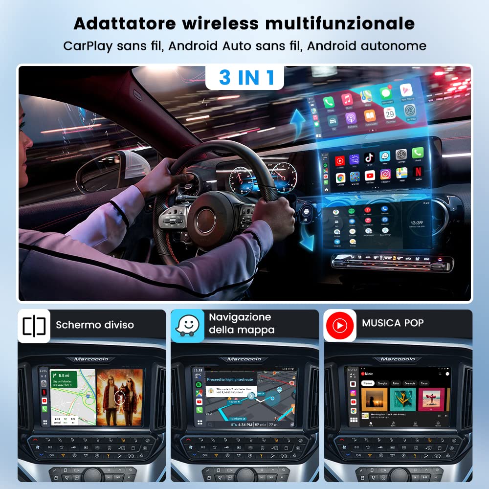 CarlinKit 2026 AIBOX Adattatore Wireless Carplay/Android Auto AIBox-Plus con sistema integrato RAM 8G + ROM 128G per auto con touchscreen CarPlay cablato di fabbrica