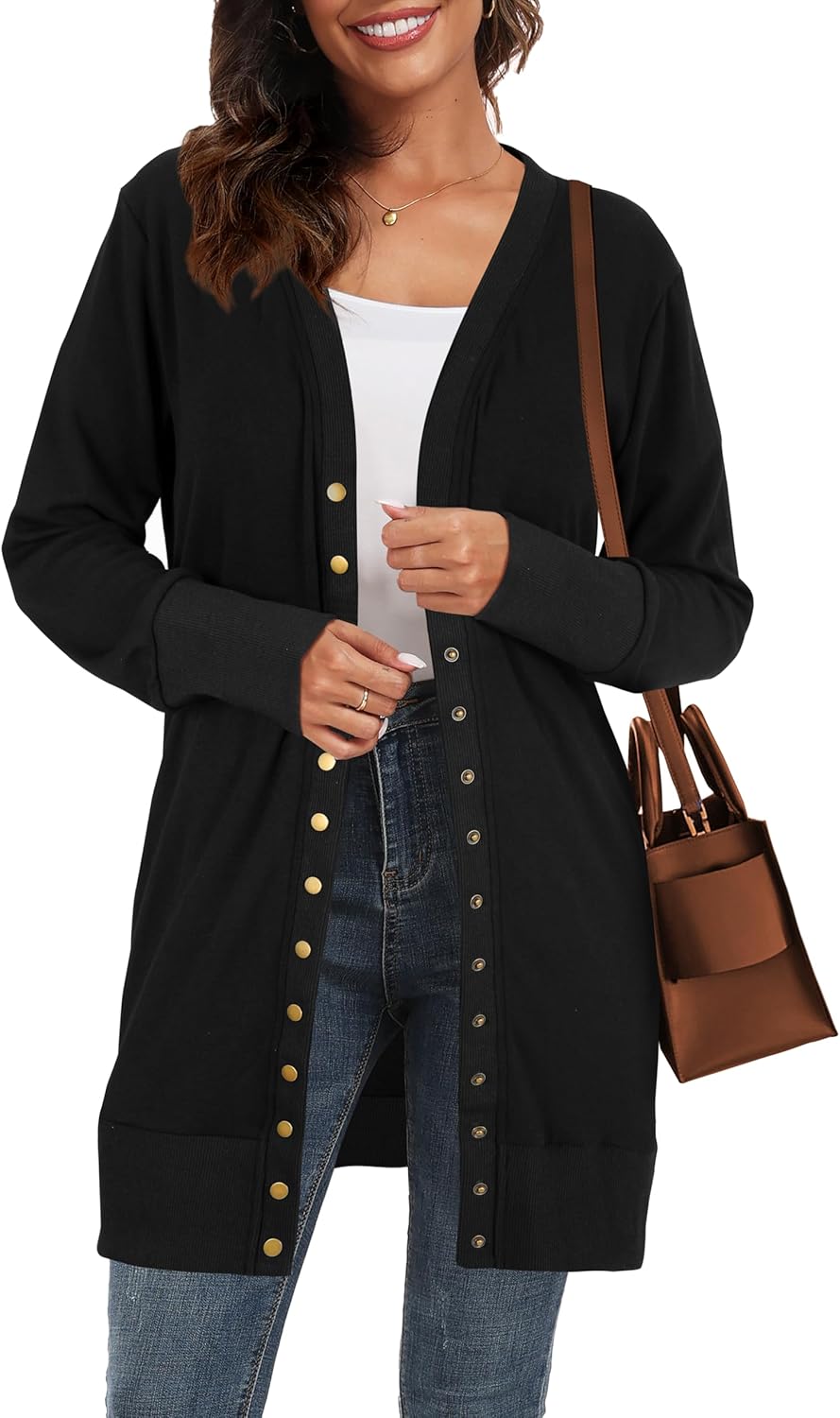 KAY SINN Long Cardigan Sweaters for Women Open Front Snap Button Knit Ribbed Cardigans Outfits - Image 2