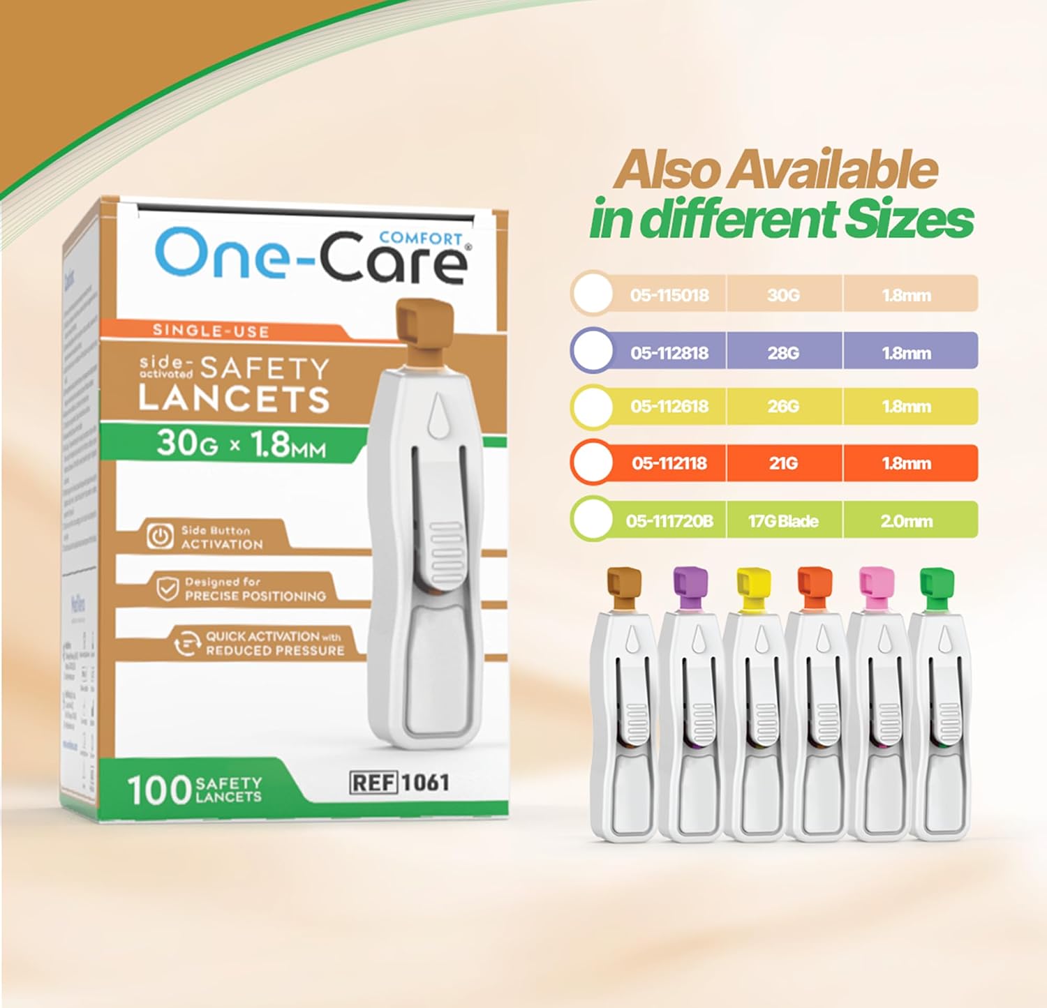 ONE-CARE Comfort Safety Lancets, 30G x 1.8mm, Side-Button, 100 Count